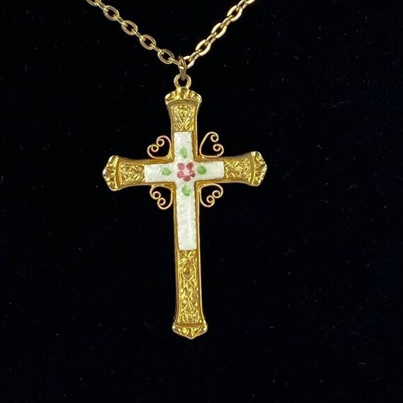 Gold Tone & Ceramic Cross Necklace - Picture 1 of 7
